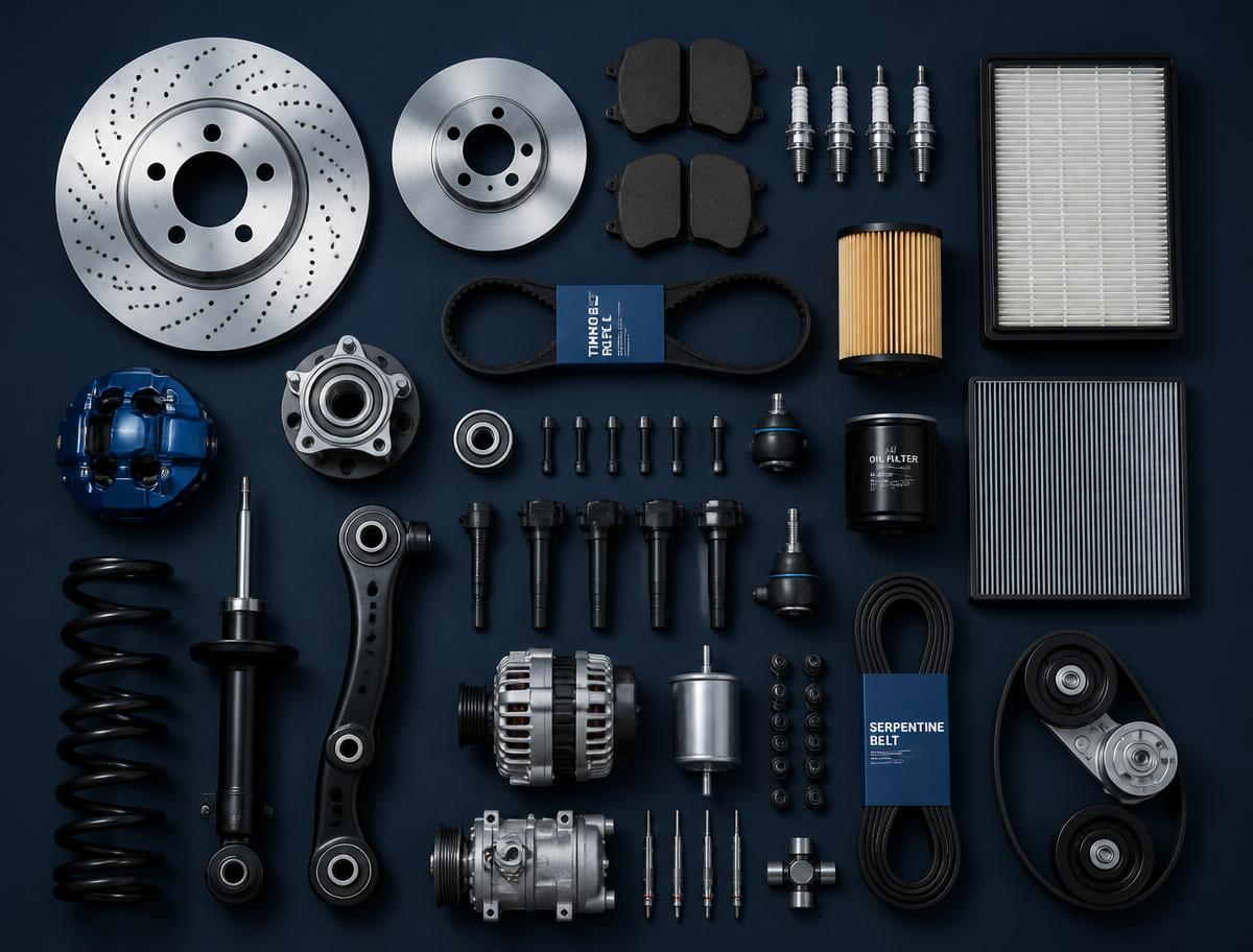 Automotive parts arranged in a grid on a navy surface